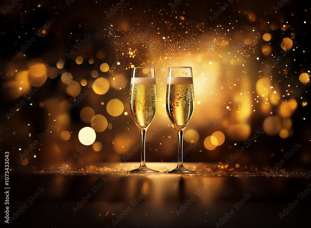 Poster Two champagne flutes filled with bubbly sit on a table with a dark and golden bokeh background.