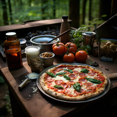 Image of pizza food decorated with delicious toppings Ready to bake and placed on a beautiful table. Generative AI