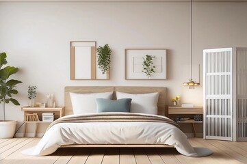 Interior of bedroom with bed, shelving unit and folding screen