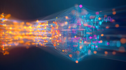 Big data technology and data science illustration. Data flow concept. Querying, analysing, visualizing complex information. Neural network for artificial intelligence. Data mining. Business analytics.
