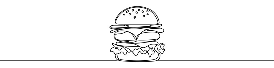 One continuous line illustration of a hamburger, isolated on white background. Line art of hamburger