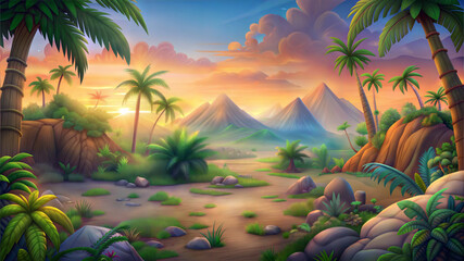 Cartoon vibrant prehistoric landscape amid towering palm trees and rugged mountains. The sky is a dramatic orange. Background for the game