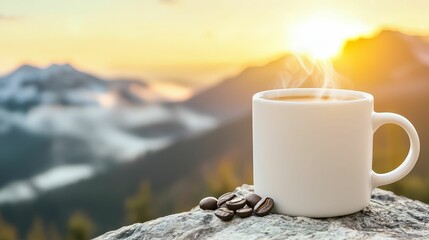 A steaming cup of coffee sits on a rock, surrounded by coffee beans, as the sun rises over misty mountains, creating a serene morning atmosphere.