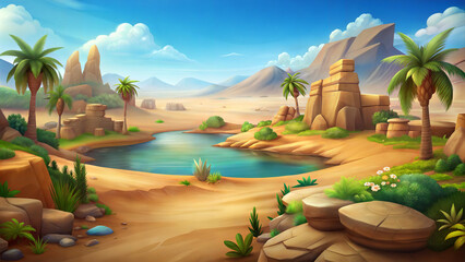 Cartoon Tranquil Desert Scene with Oasis, Lush Palms and Reflective Water, Serene Atmosphere. Background for the game