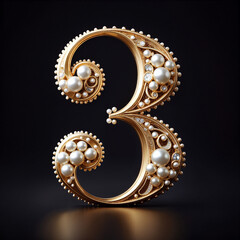 3. Number three in the form of a luxurious openwork jewelry made of gold, decorated with precious stones, diamonds and pearls. On a black background.