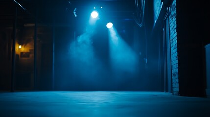 A dimly lit corridor with blue lighting and smoke, suggesting an atmospheric setting.