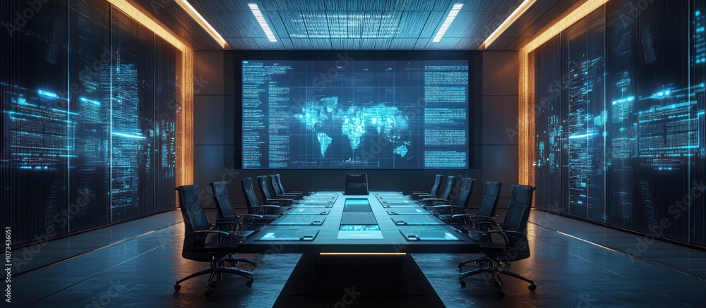 Poster modern futuristic conference room with large screen displaying world map with data and a long table 
