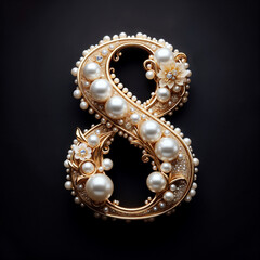 8. Number eight in the form of a luxurious openwork jewelry made of gold, decorated with precious stones, diamonds and pearls. On a black background.