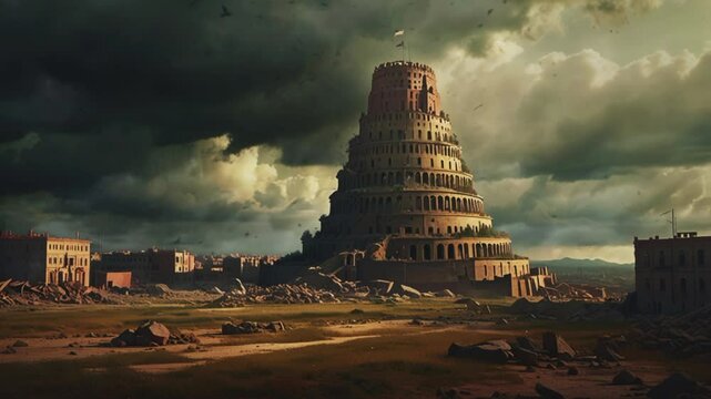 View of tower of babel during dark clouds, seamless 4K virtual video animation background