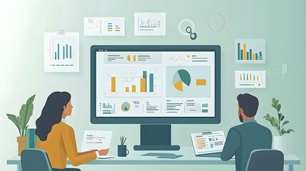 Business illustration showing two people analyzing data with presentation screen, featuring charts and graphs on light green background in flat vector art style.