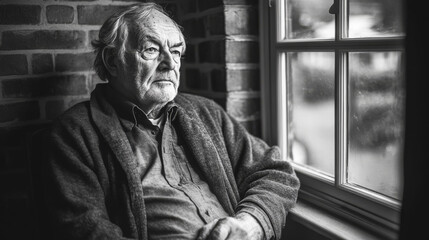 Pensive Elderly Man Looking Out Window in Black and White, Contemplative Portrait in Natural Light.