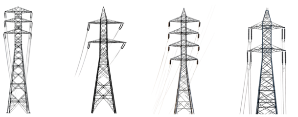 High voltage power transmission towers standing tall in a clear sky isolated on transparent background