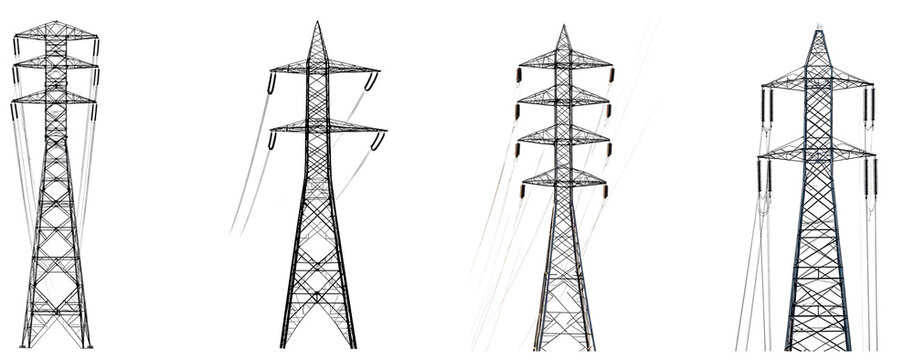 High voltage power transmission towers standing tall in a clear sky isolated on transparent background