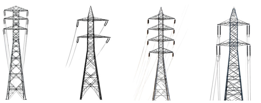 High voltage power transmission towers standing tall in a clear sky isolated on transparent background