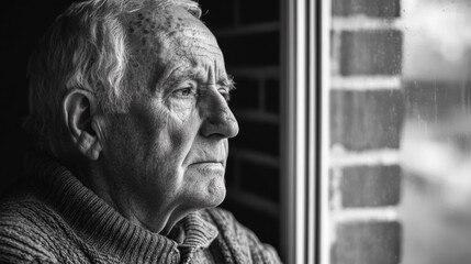 Thoughtful Elderly Man in Natural Light, Black and White Photography