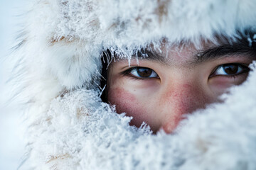 Close-up of an Asian person bundled in a furry, frosty hood, with snow flecks on their face, evoking the chill and serene beauty of a winter landscape.