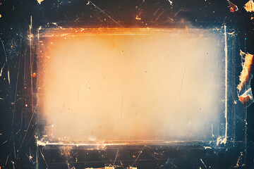Vintage distressed old photo light leaks, film grain, dust and scratches texture overlay with vignette border. Dirty grunge analog 8k widescreen retro effect background with copy space