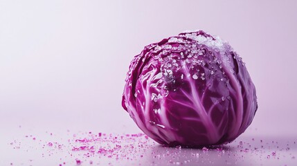 Fototapeta premium Red cabbage with dew, isolated on a cool white background with specks of pink salt around