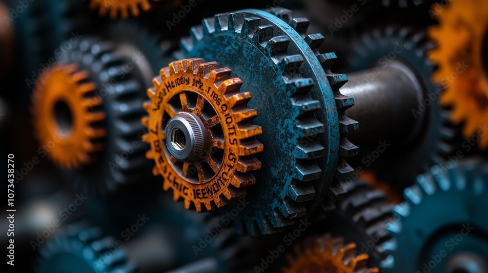 Poster close-up view of interlocking gears with distinct textured surfaces and rusty accents, showcasing in