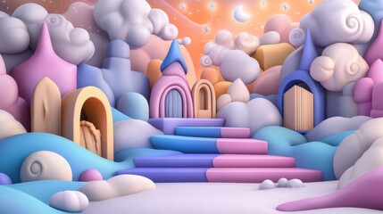 Obraz premium Whimsical pastel fantasy landscape with dreamy clouds and colorful structures, AI