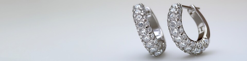 A pair of hoop earrings encrusted with diamonds, shimmering on a clear white background