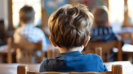 Children concentrate on their work while sitting at classroom desks