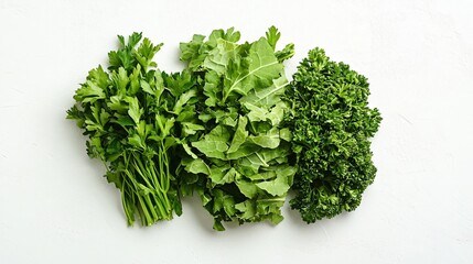 Obraz premium Shredded green cabbage with vibrant leaf detail, isolated on a white linen background with parsley sprigs