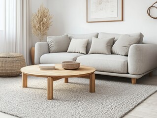 Modern Living Room with Light Grey Sofa, Wooden Coffee Table, and Fluffy Rug