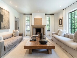 Modern Living Room with Fireplace, Couches, and Wooden Coffee Table