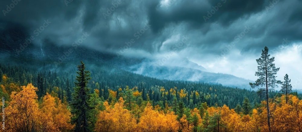 Poster a scenic view of a forest with dark clouds and a mountain range in the background.
