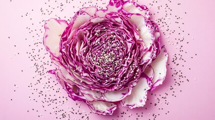 Obraz premium Thinly sliced cabbage in a floral shape, isolated on a pastel background with sesame and chia seeds