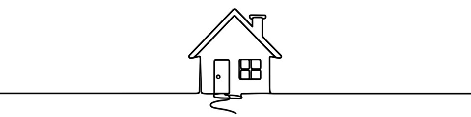 One continuous line illustration of a house, isolated on white background. Line art of house