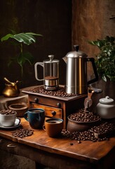 stunning coffee setup featuring vibrant elegant brewing inviting atmosphere coffee enthusiasts, artisan, barista, beans, beverage, blend, cozy, caffeine