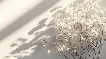 Delicate white baby's breath flowers photographed against pure white background with soft window light creating gentle shadows in minimalist, ethereal composition.
