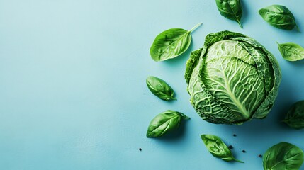 Whole green cabbage with a fresh-cut stem, isolated on a soft blue background with basil leaves scattered