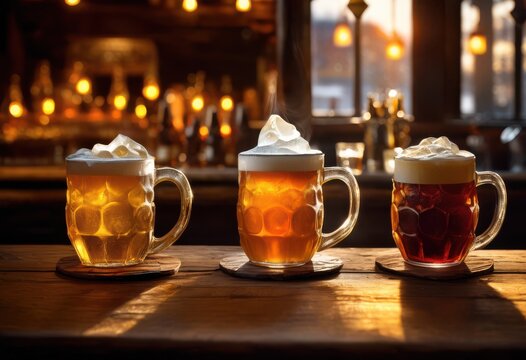 bubbling brews served frosty glass mugs inviting steam displaying lively colors textures cozy ambiance, beverage, drink, liquid, cup, container, foam, froth