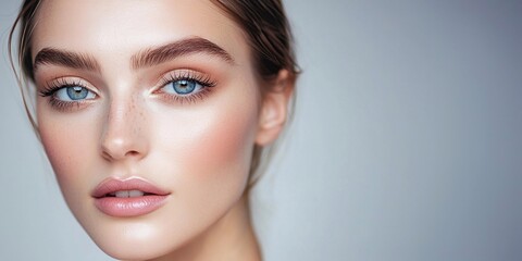 Fototapeta premium Beauty portrait of beautiful young woman model with natural makeup and perfect skin.Macro.AI Generative.