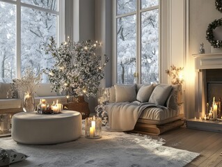 Cozy Living Room with Fireplace and Snowy Window View