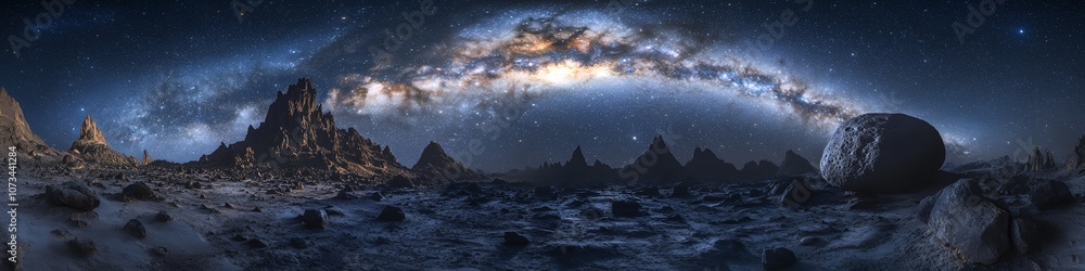Poster a large rock is in the foreground of a large, empty, starry sky. the sky is filled with stars and th