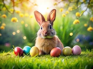 Cute rabbit lounges on a vivid green lawn, hidden among colorful Easter eggs, embodying the joy of spring and natureâ€™s magic during festive celebrations.