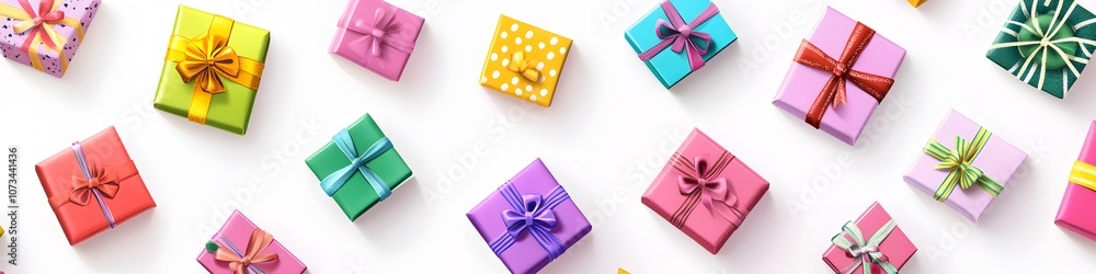 Poster a vibrant collection of gift boxes in assorted sizes and shapes, each wrapped with colorful ribbons 