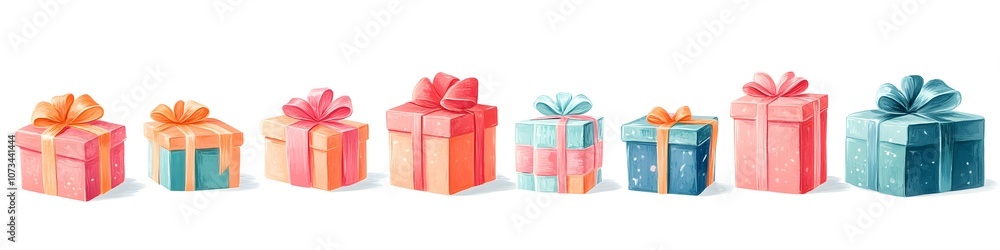 Poster a vibrant collection of gift boxes in assorted sizes and shapes, each wrapped with colorful ribbons 