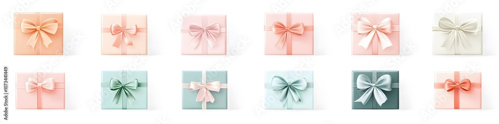 Poster assortment of gift boxes in various shades of pastel with minimalistic ribbon designs, creating a so