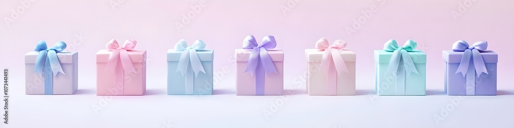 Poster assortment of gift boxes in various shades of pastel with minimalistic ribbon designs, creating a so