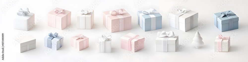 Poster assortment of gift boxes in various shades of pastel with minimalistic ribbon designs, creating a so