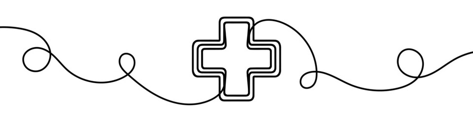 One continuous line illustration of a medical cross, isolated on white background. Line art of medical cross