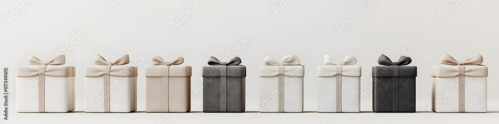 Poster a row of minimalistic gift boxes in neutral tones with simple bow designs, creating a modern and sop