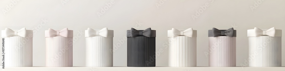 Poster a row of minimalistic gift boxes in neutral tones with simple bow designs, creating a modern and sop