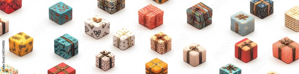 Poster Assorted mini gift boxes with unique patterns and textures, arranged to form a vibrant and festive collection on a seamless white background. Vector art, 4k resolution, ultra-realistic, white