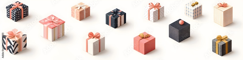 Poster Assorted mini gift boxes with unique patterns and textures, arranged to form a vibrant and festive collection on a seamless white background. Vector art, 4k resolution, ultra-realistic, white